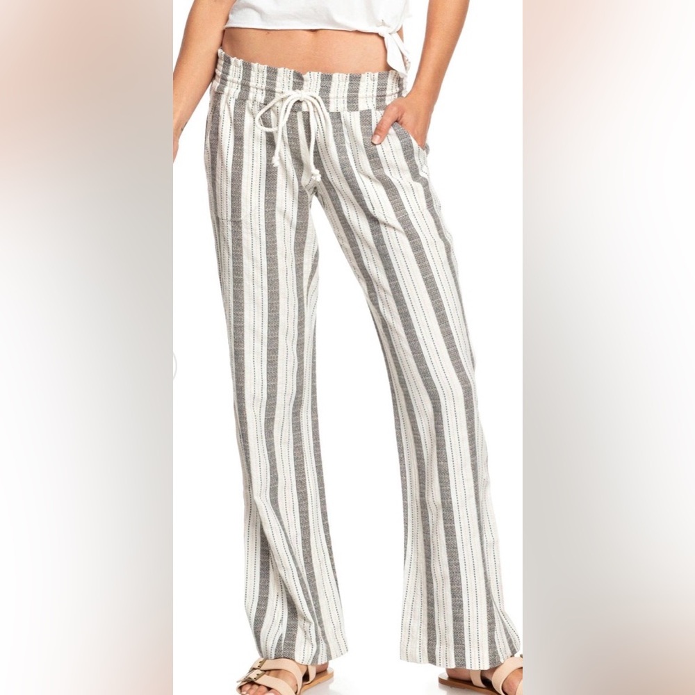 Roxy Gray and White Vertical Stripe Wide Leg Pants